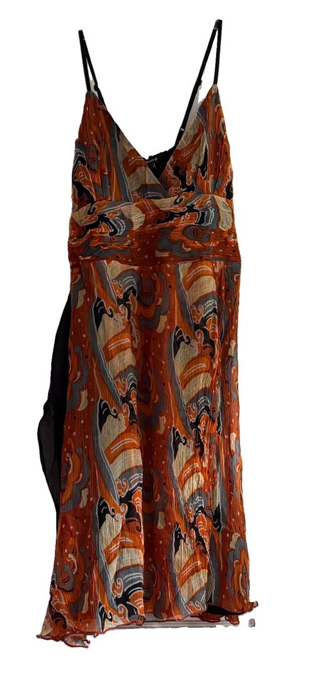 Chaudry KC Dress L NWT Abstract Wave Print Crinkle Viscose Boho Midi Orange